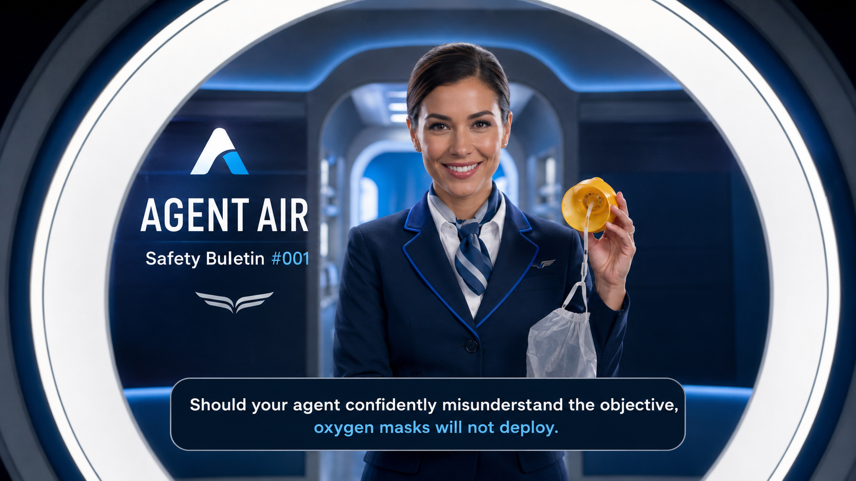 Agent Air Safety Bulletin #001. Flight attendant holds oxygen mask. Caption: Should your agent confidently misunderstand the objective, oxygen masks will not deploy.