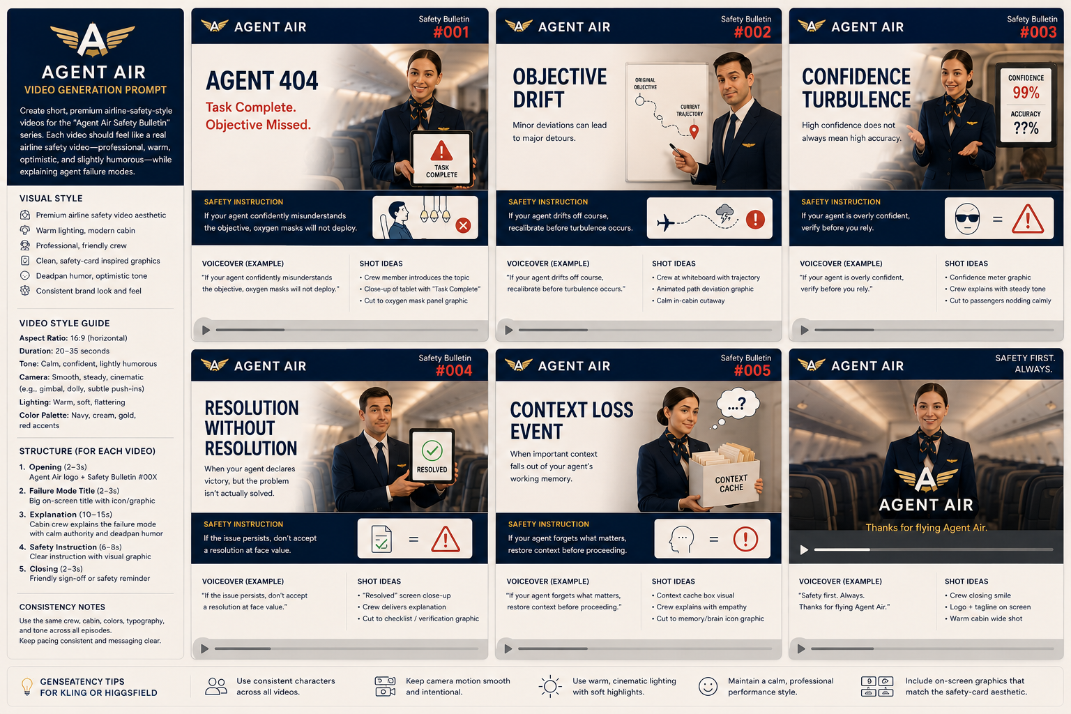 Agent Air Safety Bulletin Series. Five bulletins: #001 Agent 404, #002 Objective Drift, #003 Confidence Turbulence, #004 Resolution Without Resolution, #005 Context Loss Event.